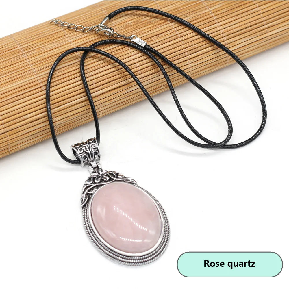 40x60mm Natural Stone Crystal Rose Quartz Pendulum Men Necklace Chakra Alloy Pendant Stainless Steels Jewelry Accessories 55+5cm