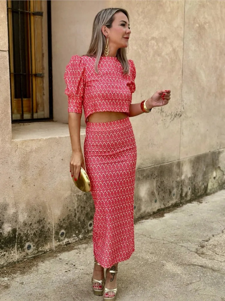 Chic Women's Skirt Set Fashion Puff Sleeve O Neck Backless Top+ Slim Pencil Skirts 2 Piece Sets Female Summer Print Elegant Suit