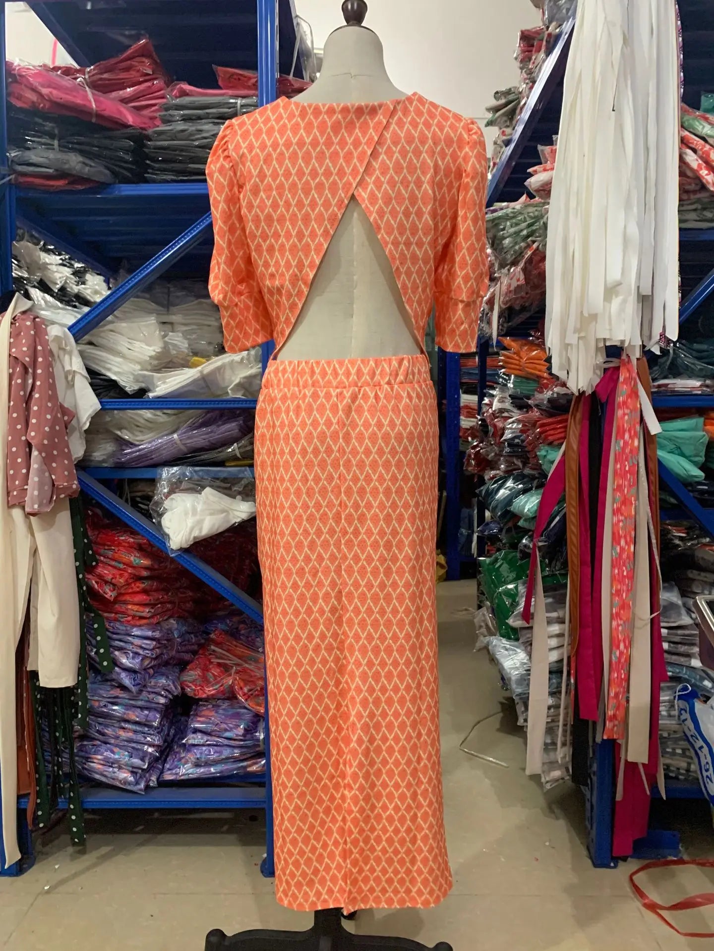 Chic Women's Skirt Set Fashion Puff Sleeve O Neck Backless Top+ Slim Pencil Skirts 2 Piece Sets Female Summer Print Elegant Suit