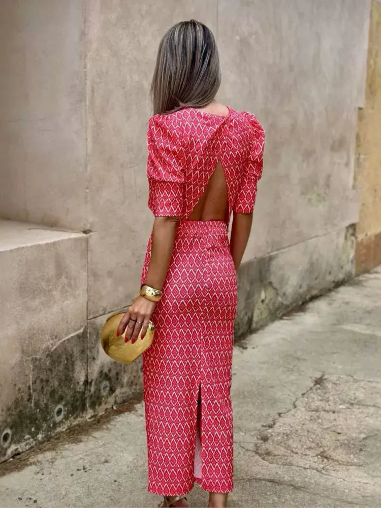 Chic Women's Skirt Set Fashion Puff Sleeve O Neck Backless Top+ Slim Pencil Skirts 2 Piece Sets Female Summer Print Elegant Suit