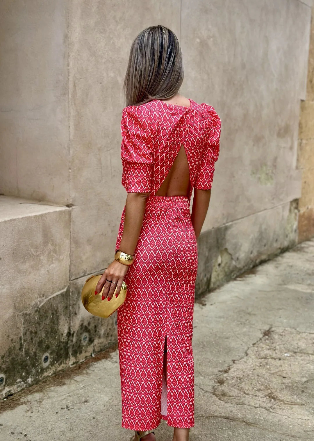 Chic Women's Skirt Set Fashion Puff Sleeve O Neck Backless Top+ Slim Pencil Skirts 2 Piece Sets Female Summer Print Elegant Suit