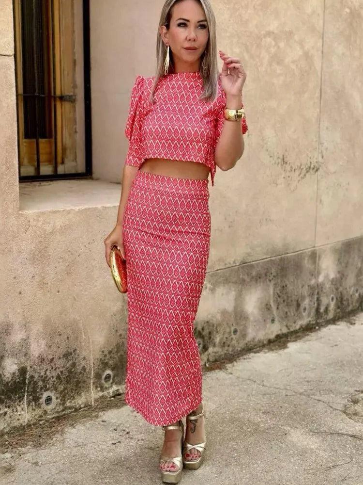 Chic Women's Skirt Set Fashion Puff Sleeve O Neck Backless Top+ Slim Pencil Skirts 2 Piece Sets Female Summer Print Elegant Suit