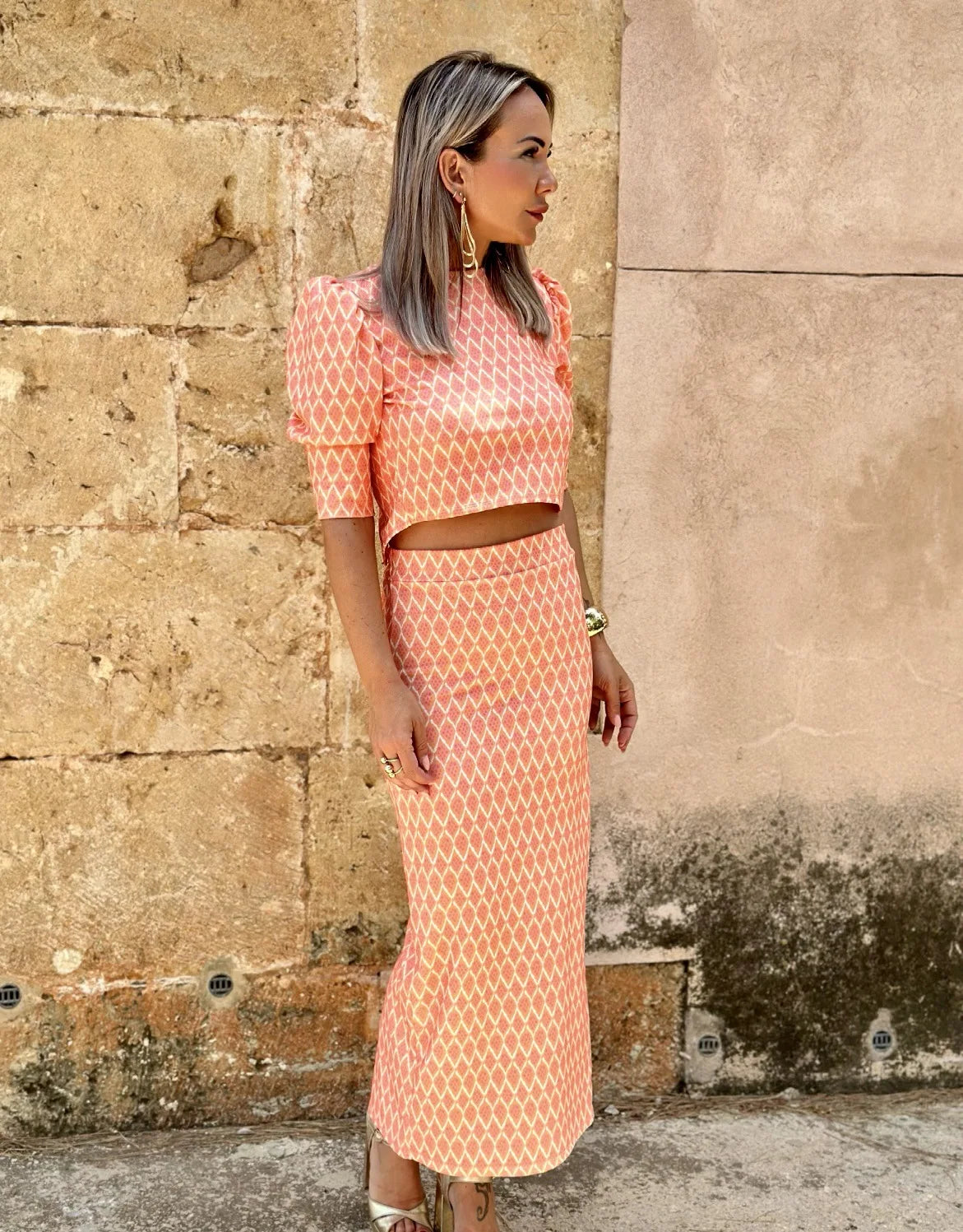 Chic Women's Skirt Set Fashion Puff Sleeve O Neck Backless Top+ Slim Pencil Skirts 2 Piece Sets Female Summer Print Elegant Suit
