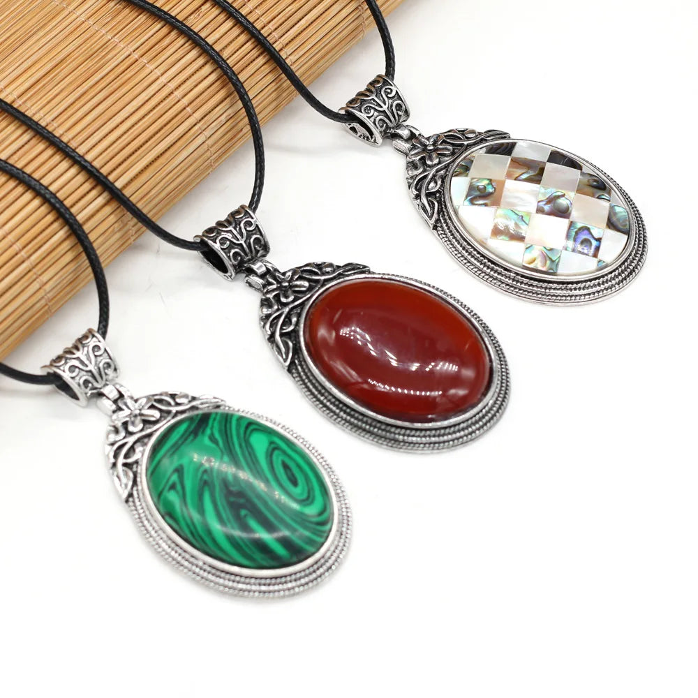 40x60mm Natural Stone Crystal Rose Quartz Pendulum Men Necklace Chakra Alloy Pendant Stainless Steels Jewelry Accessories 55+5cm