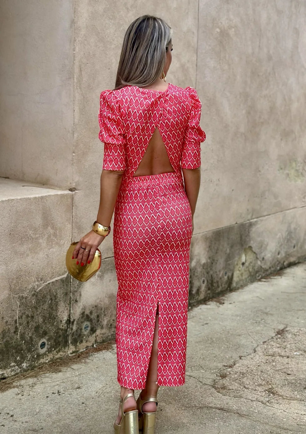 Chic Women's Skirt Set Fashion Puff Sleeve O Neck Backless Top+ Slim Pencil Skirts 2 Piece Sets Female Summer Print Elegant Suit