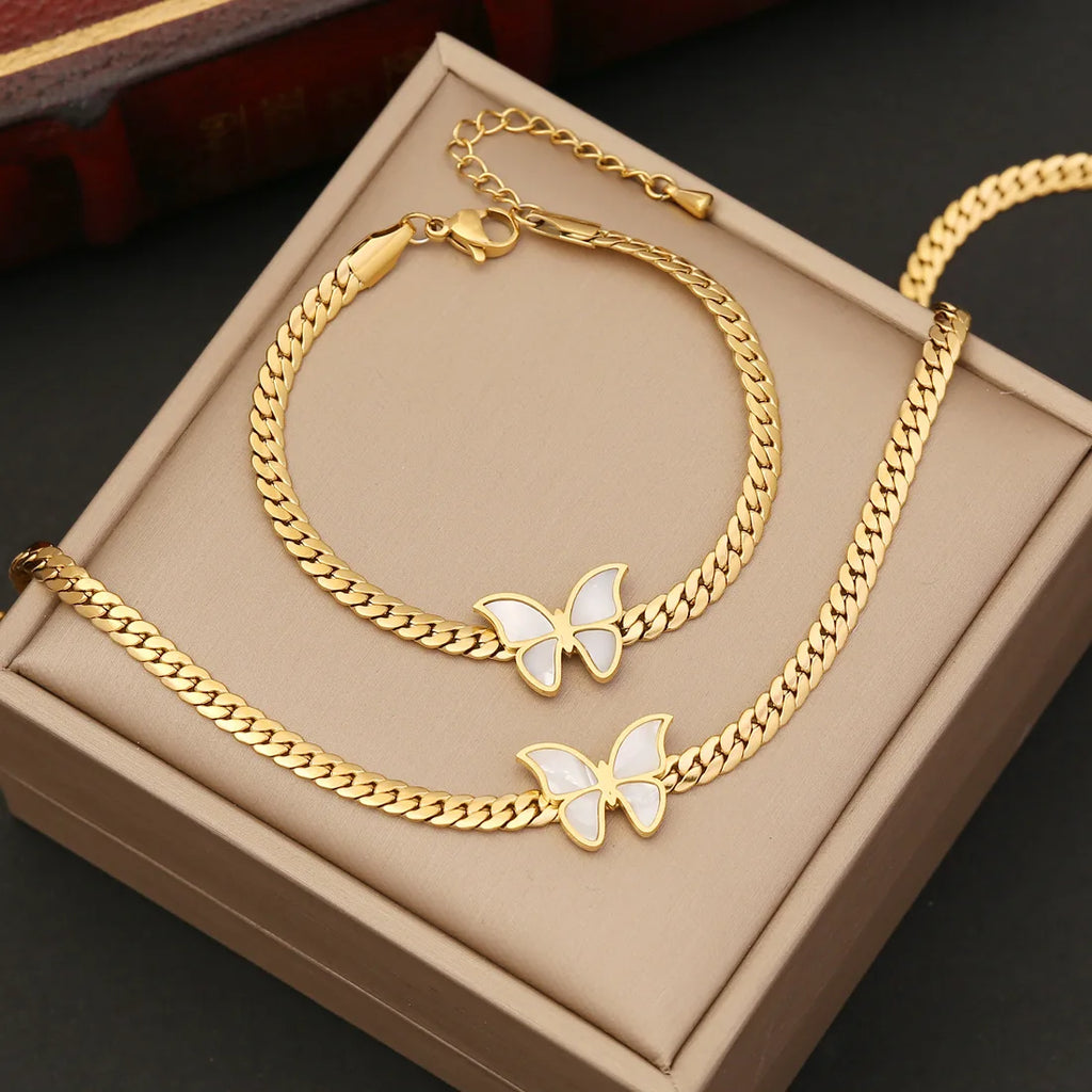 316L Stainless Steel Whip Chain Green Shell White Shell Butterfly Pendant Bracelet Necklace Girl's Wedding Jewelry Set
