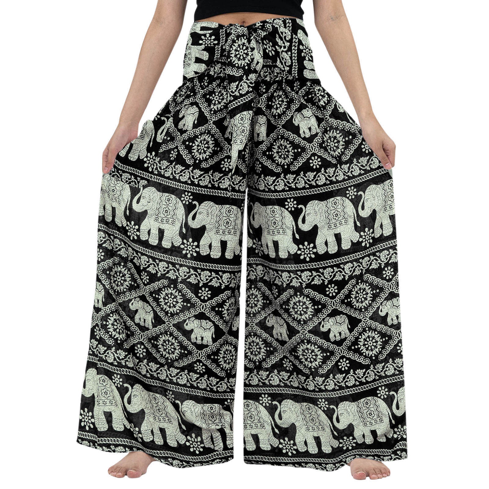 Casual Loose Pants For Women Plus Size Vintage Print Boho Harem Yoga Stretchy Wide Leg Pants With Pockets Pantalones De Mujer