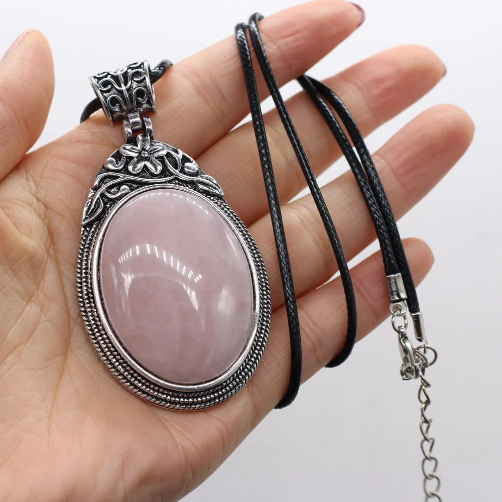 40x60mm Natural Stone Crystal Rose Quartz Pendulum Men Necklace Chakra Alloy Pendant Stainless Steels Jewelry Accessories 55+5cm