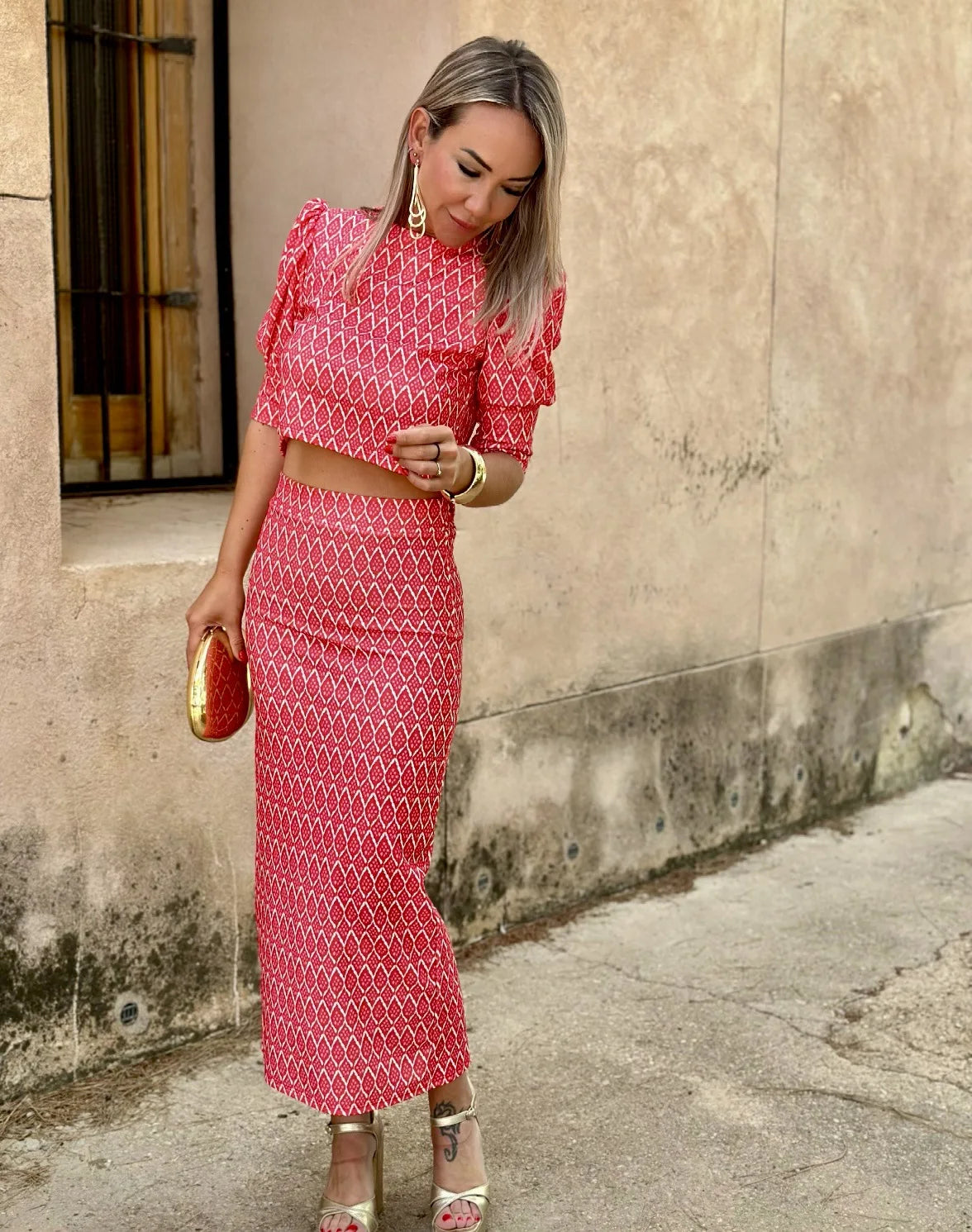 Chic Women's Skirt Set Fashion Puff Sleeve O Neck Backless Top+ Slim Pencil Skirts 2 Piece Sets Female Summer Print Elegant Suit