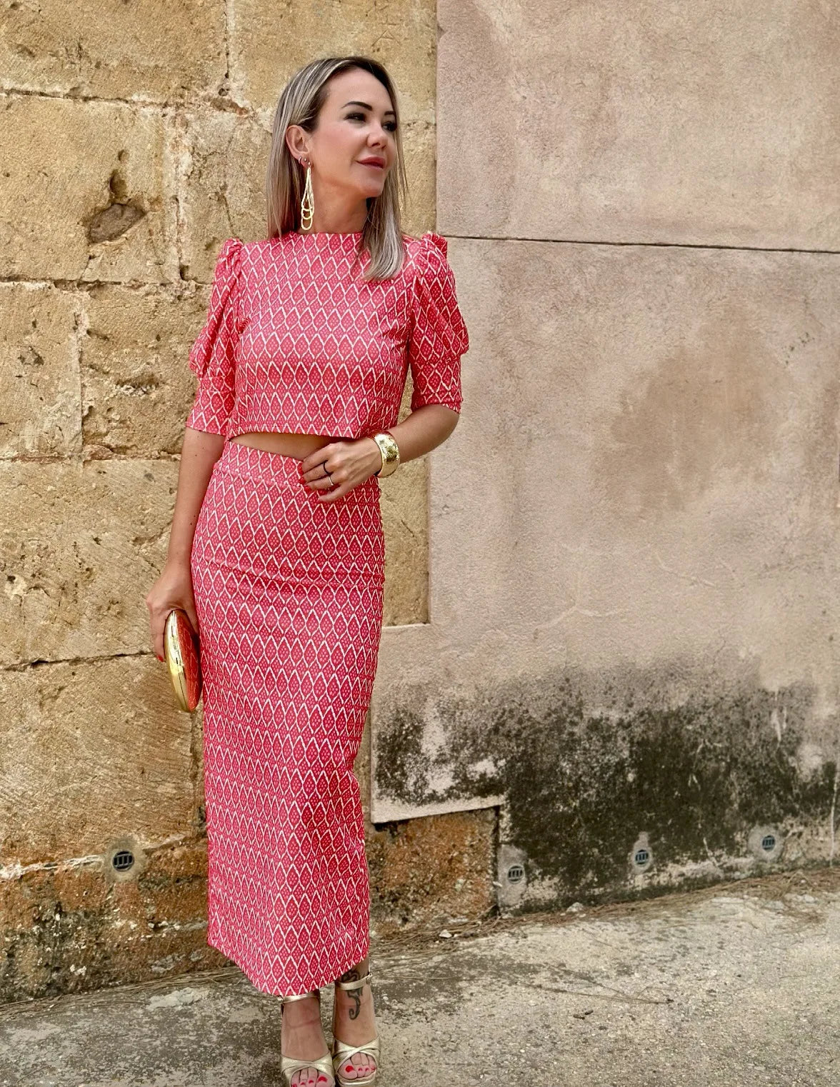 Chic Women's Skirt Set Fashion Puff Sleeve O Neck Backless Top+ Slim Pencil Skirts 2 Piece Sets Female Summer Print Elegant Suit