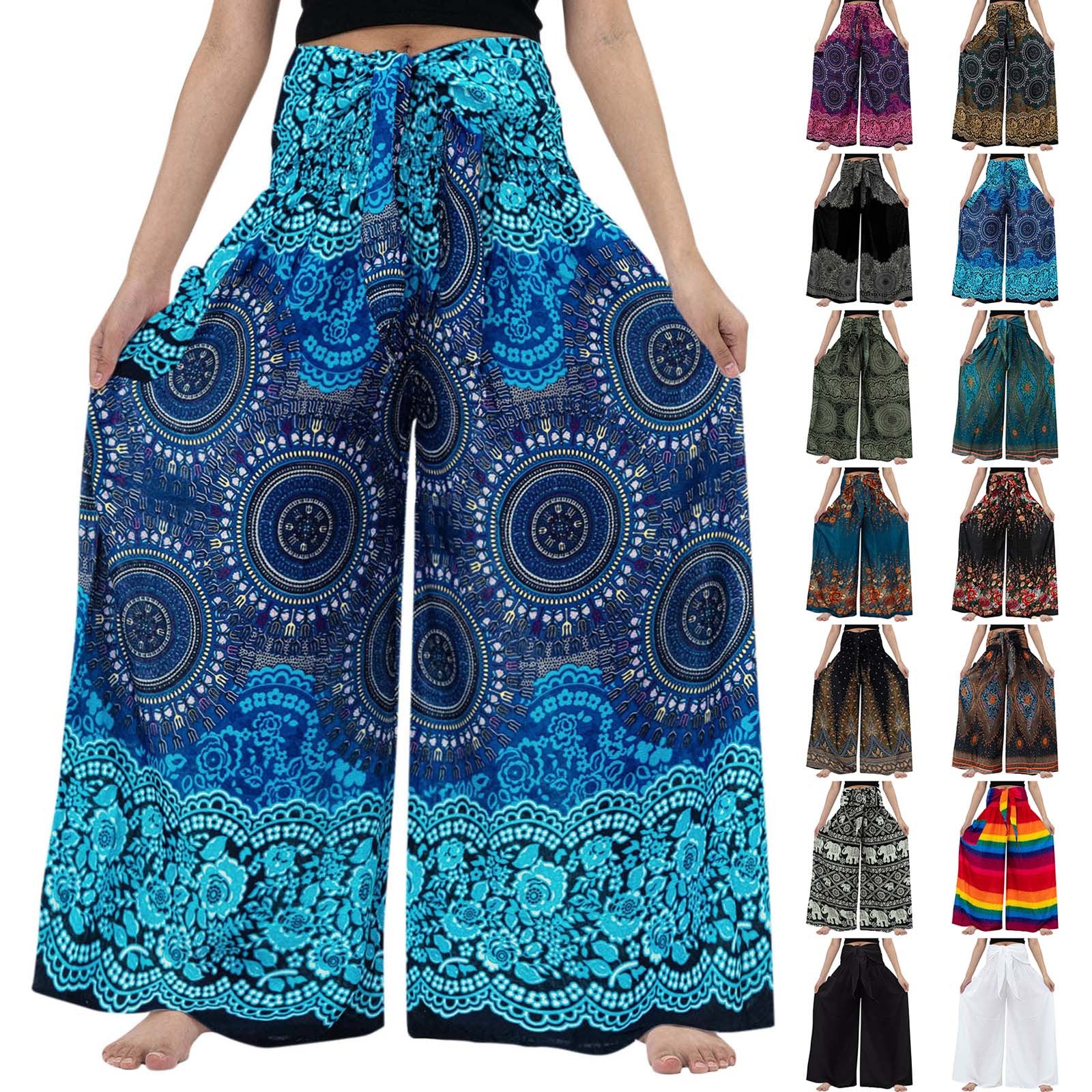 Casual Loose Pants For Women Plus Size Vintage Print Boho Harem Yoga Stretchy Wide Leg Pants With Pockets Pantalones De Mujer