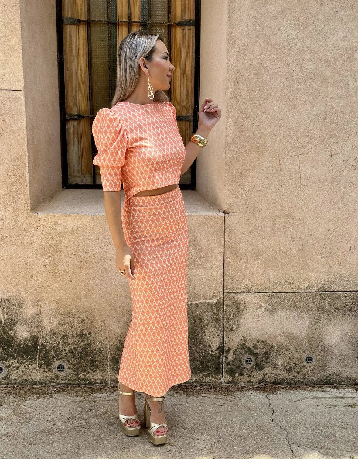 Chic Women's Skirt Set Fashion Puff Sleeve O Neck Backless Top+ Slim Pencil Skirts 2 Piece Sets Female Summer Print Elegant Suit
