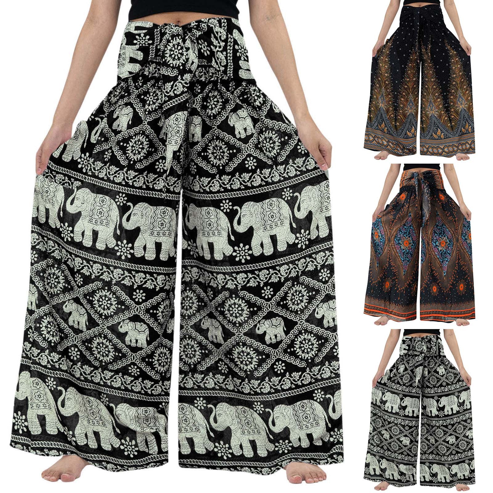 Casual Loose Pants For Women Plus Size Vintage Print Boho Harem Yoga Stretchy Wide Leg Pants With Pockets Pantalones De Mujer