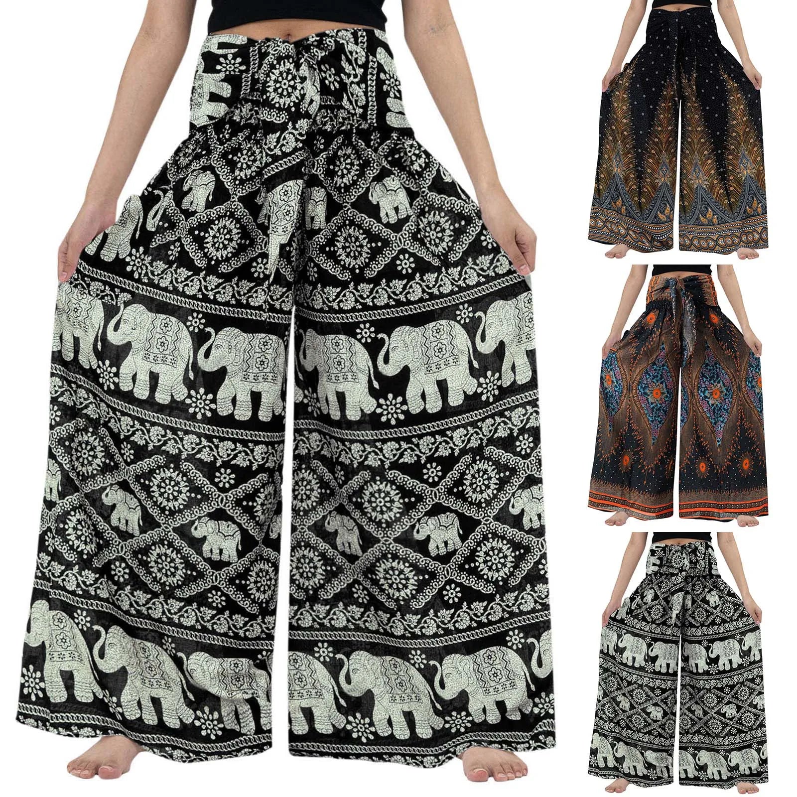Casual Loose Pants For Women Plus Size Vintage Print Boho Harem Yoga Stretchy Wide Leg Pants With Pockets Pantalones De Mujer