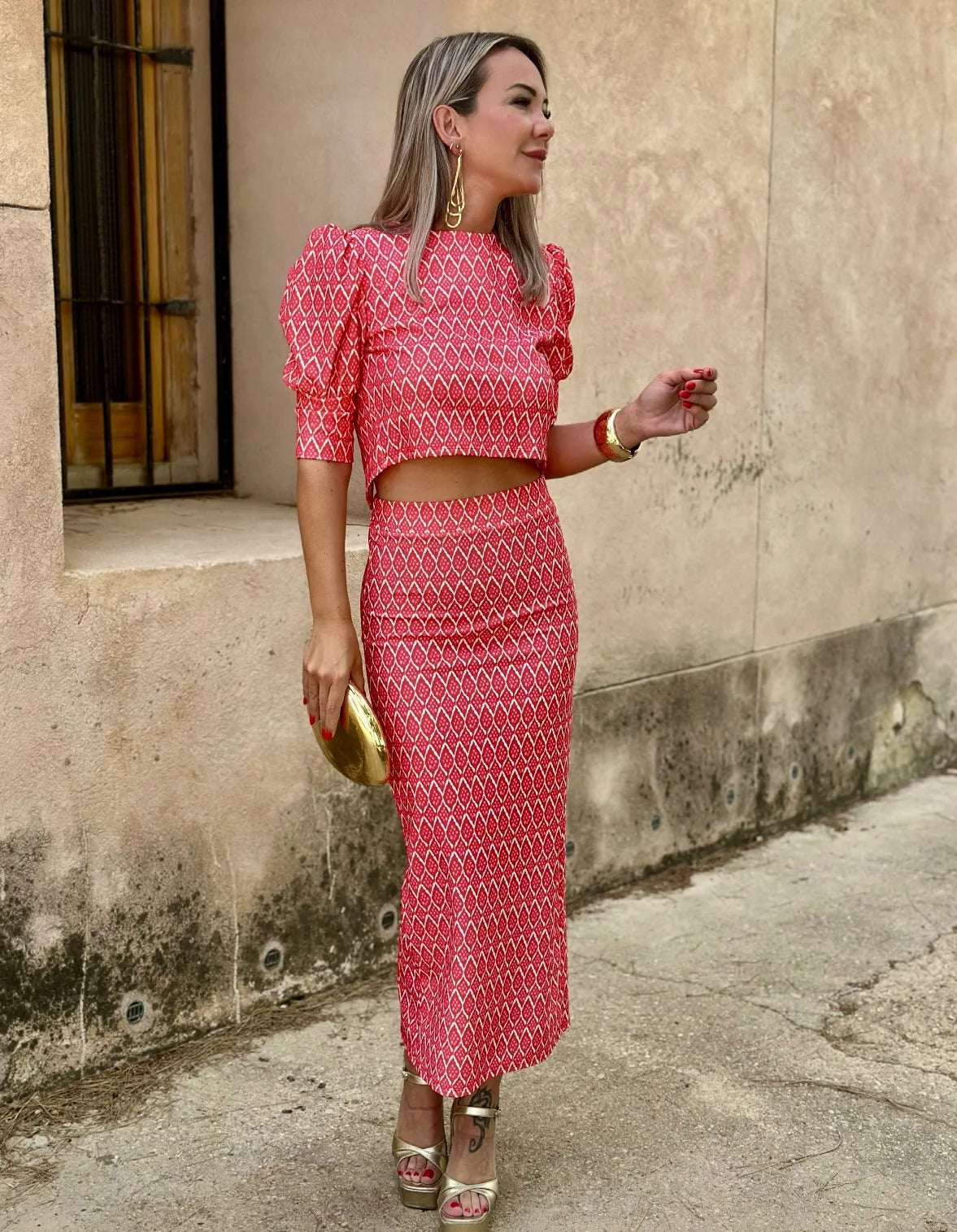 Chic Women's Skirt Set Fashion Puff Sleeve O Neck Backless Top+ Slim Pencil Skirts 2 Piece Sets Female Summer Print Elegant Suit