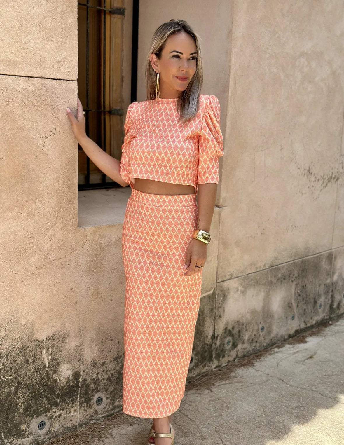 Chic Women's Skirt Set Fashion Puff Sleeve O Neck Backless Top+ Slim Pencil Skirts 2 Piece Sets Female Summer Print Elegant Suit