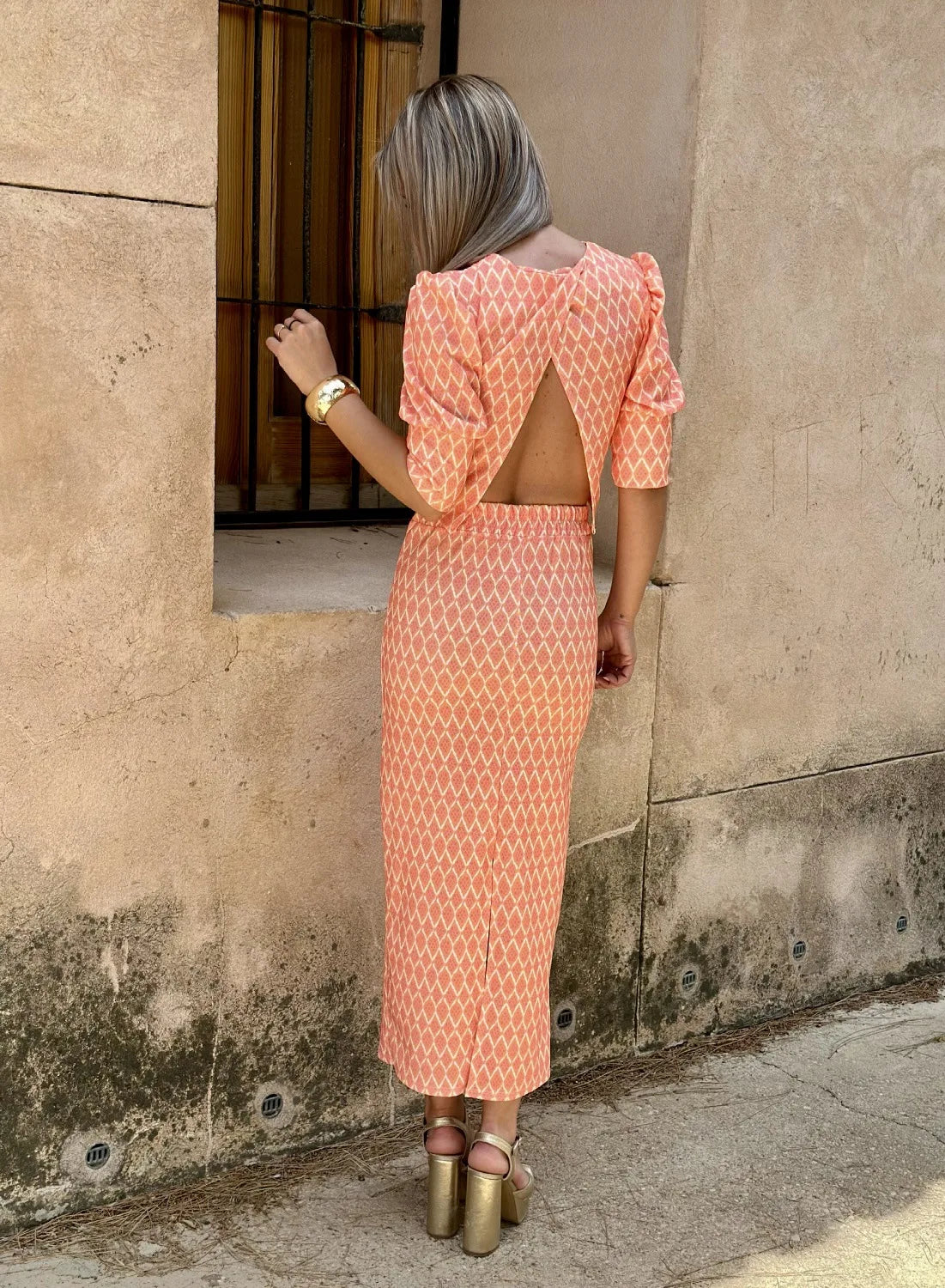 Chic Women's Skirt Set Fashion Puff Sleeve O Neck Backless Top+ Slim Pencil Skirts 2 Piece Sets Female Summer Print Elegant Suit