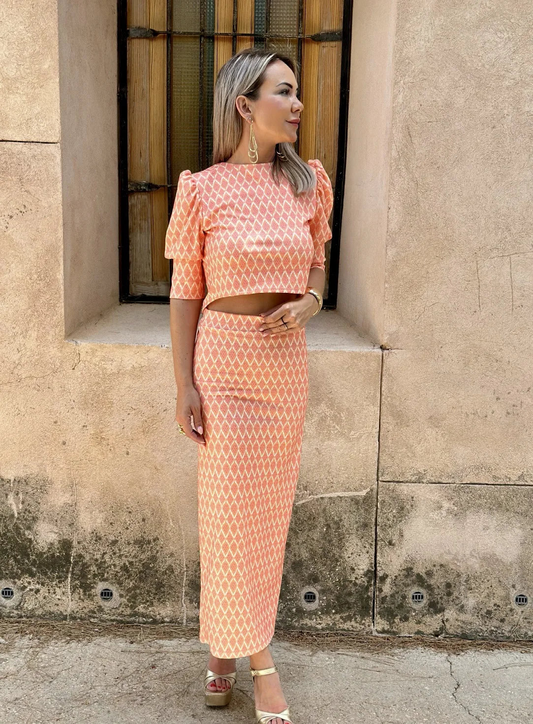 Chic Women's Skirt Set Fashion Puff Sleeve O Neck Backless Top+ Slim Pencil Skirts 2 Piece Sets Female Summer Print Elegant Suit