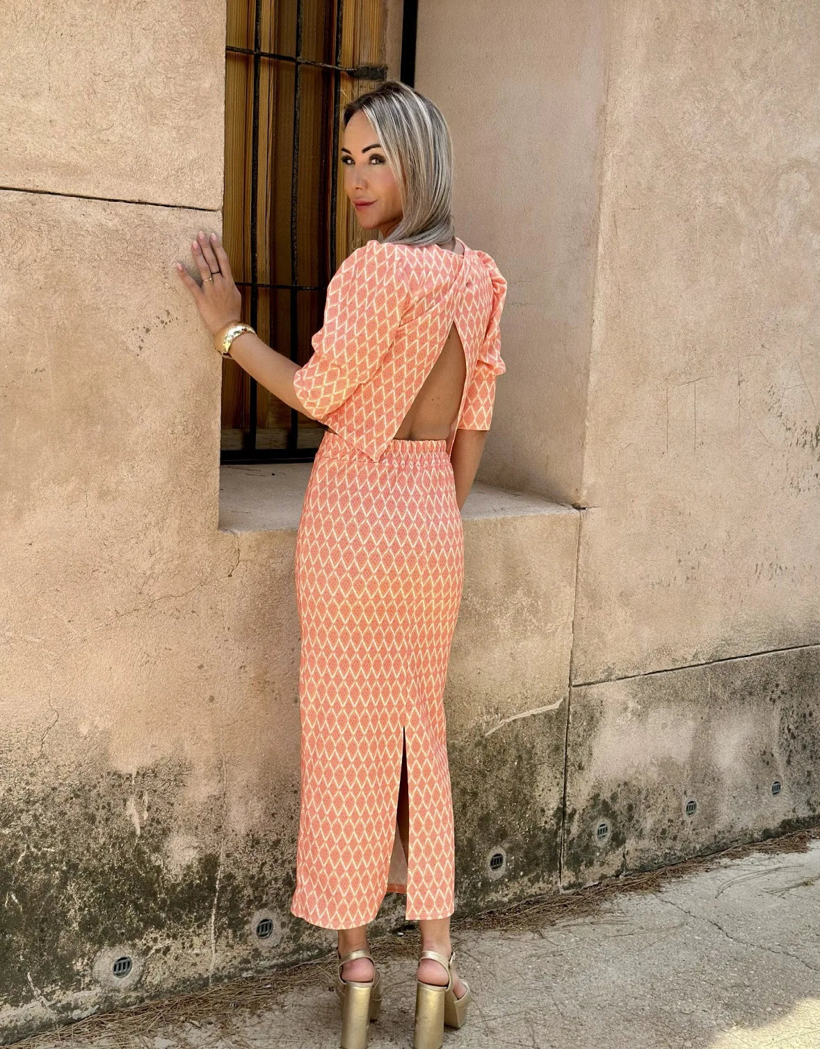 Chic Women's Skirt Set Fashion Puff Sleeve O Neck Backless Top+ Slim Pencil Skirts 2 Piece Sets Female Summer Print Elegant Suit
