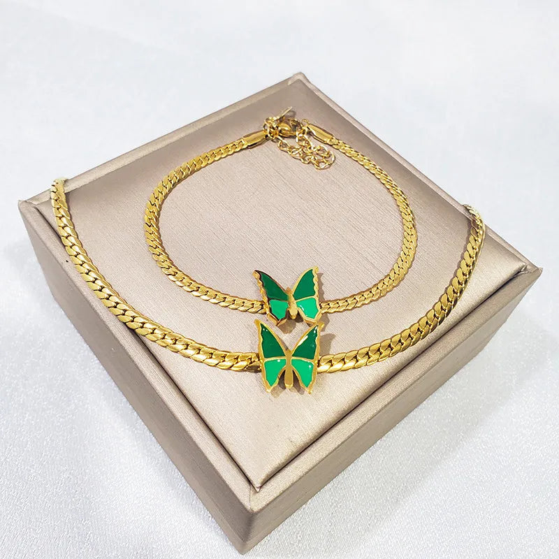 316L Stainless Steel Whip Chain Green Shell White Shell Butterfly Pendant Bracelet Necklace Girl's Wedding Jewelry Set