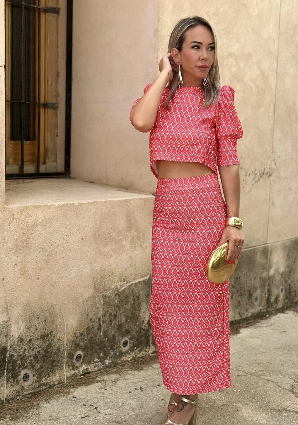 Chic Women's Skirt Set Fashion Puff Sleeve O Neck Backless Top+ Slim Pencil Skirts 2 Piece Sets Female Summer Print Elegant Suit