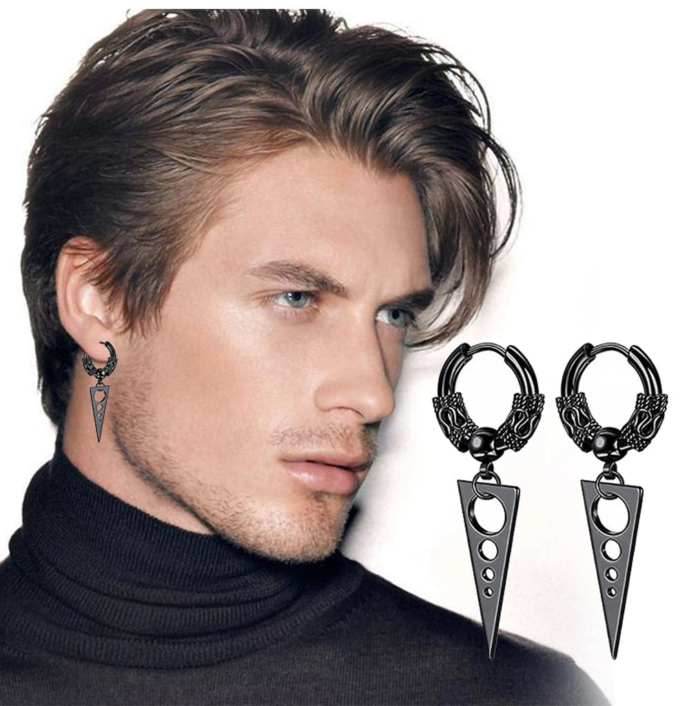 2PC Gothic Punk Stainless Steel Drop Hoop Earrings For Men/Women Ear Circle Buckle Tassel Chain Hip Hop Gothic Unisex Jewelry