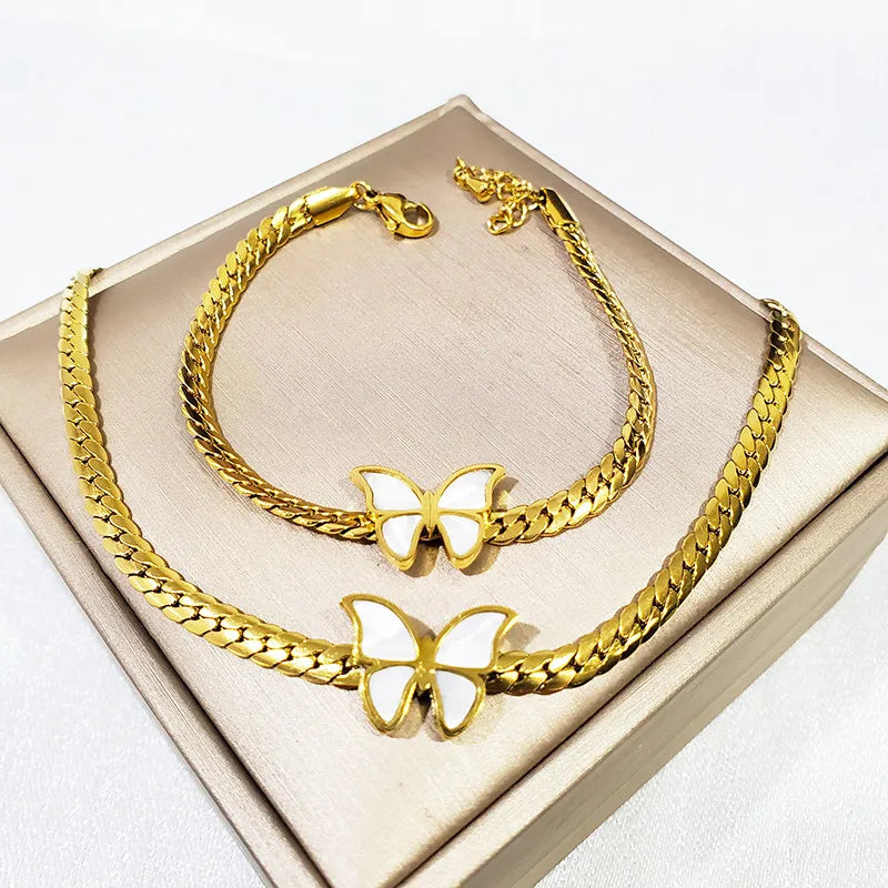 316L Stainless Steel Whip Chain Green Shell White Shell Butterfly Pendant Bracelet Necklace Girl's Wedding Jewelry Set