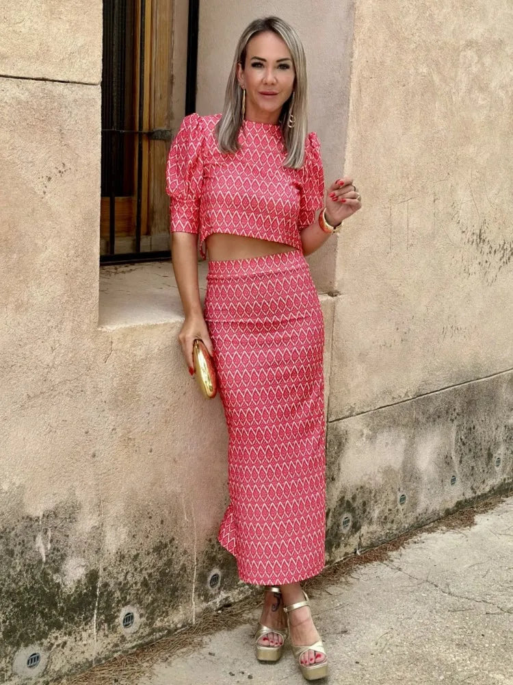 Chic Women's Skirt Set Fashion Puff Sleeve O Neck Backless Top+ Slim Pencil Skirts 2 Piece Sets Female Summer Print Elegant Suit
