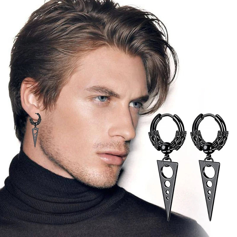 2PC Gothic Punk Stainless Steel Drop Hoop Earrings For Men/Women Ear Circle Buckle Tassel Chain Hip Hop Gothic Unisex Jewelry
